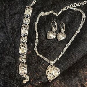 Brighton Silver Heart Necklace, bracelet & earrings with Crystal Accents!